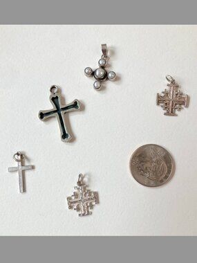 5 Sterling Silver Religious Pendant Lot Crosses Jeruselum Pearl Vintage